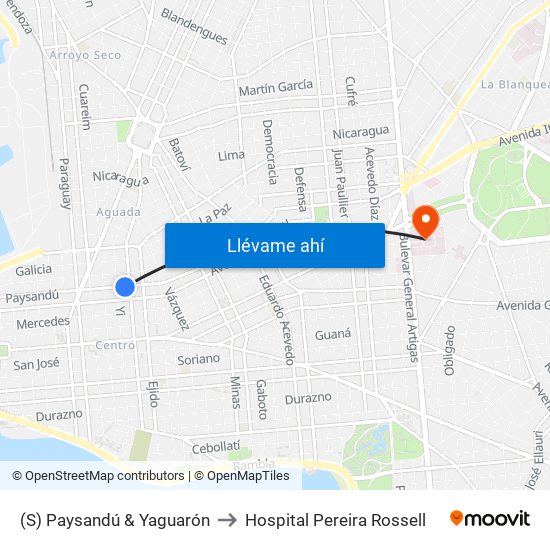 (S) Paysandú & Yaguarón to Hospital Pereira Rossell map