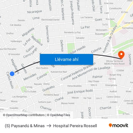 (S) Paysandú & Minas to Hospital Pereira Rossell map
