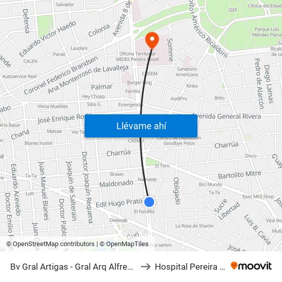 Bv Gral Artigas - Gral Arq Alfredo Baldomir to Hospital Pereira Rossell map