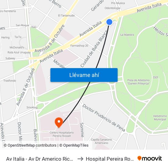 Av Italia - Av Dr Americo Ricaldoni to Hospital Pereira Rossell map