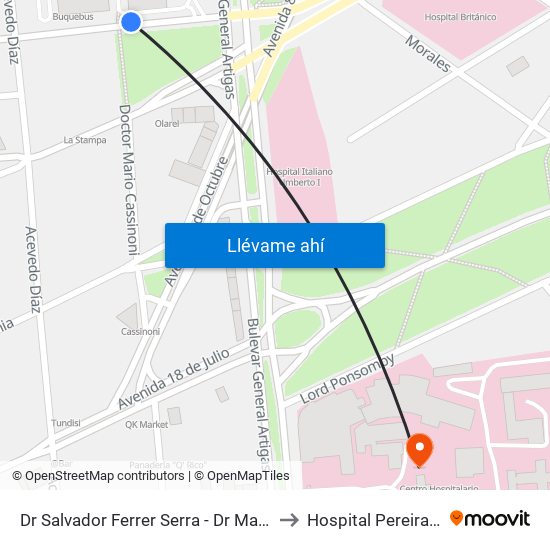 Dr Salvador Ferrer Serra - Dr Mario Cassinoni to Hospital Pereira Rossell map