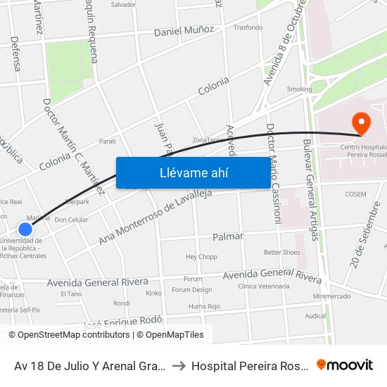 Av 18 De Julio Y Arenal Grande to Hospital Pereira Rossell map