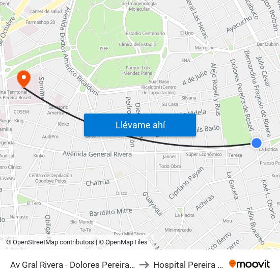 Av Gral Rivera - Dolores Pereira De Rossell to Hospital Pereira Rossell map