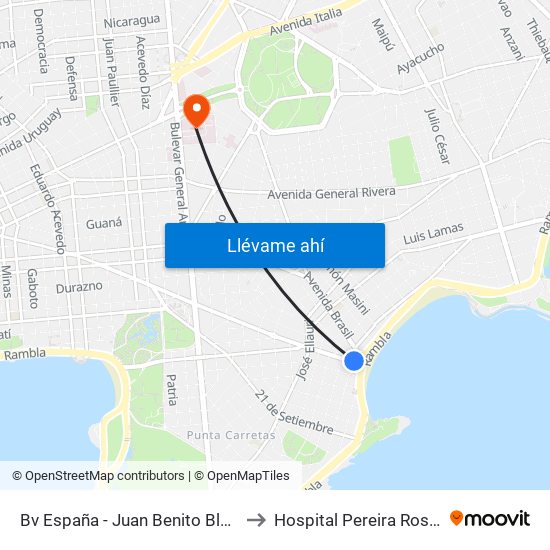 Bv España - Juan Benito Blanco to Hospital Pereira Rossell map