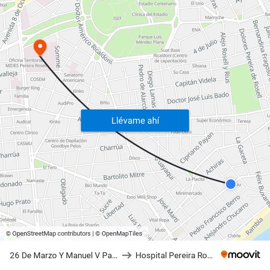 26 De Marzo Y Manuel V Pagola to Hospital Pereira Rossell map