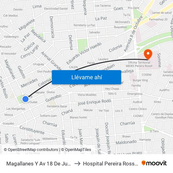 Magallanes Y Av 18 De Julio to Hospital Pereira Rossell map