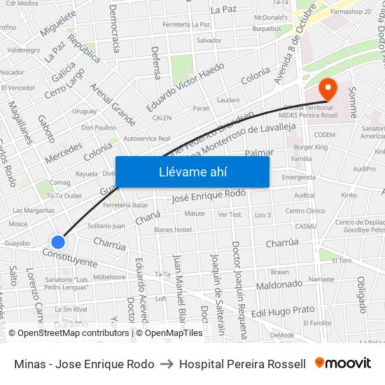 Minas - Jose Enrique Rodo to Hospital Pereira Rossell map