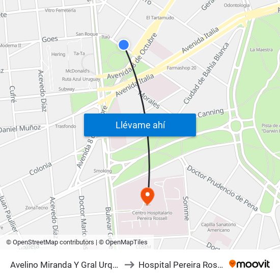 Avelino Miranda Y Gral Urquiza to Hospital Pereira Rossell map