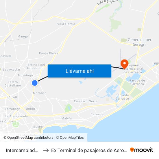Intercambiador Belloni Andén 4 to Ex Terminal de pasajeros de Aeropuerto Internacional de Carrasco M map