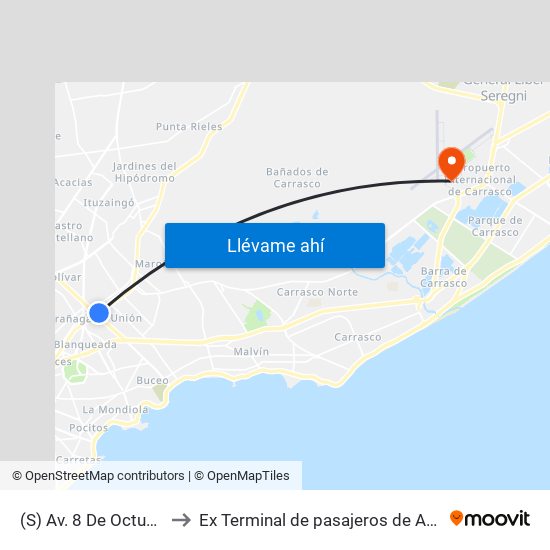 (S) Av. 8 De Octubre & Agustina Contucci to Ex Terminal de pasajeros de Aeropuerto Internacional de Carrasco M map