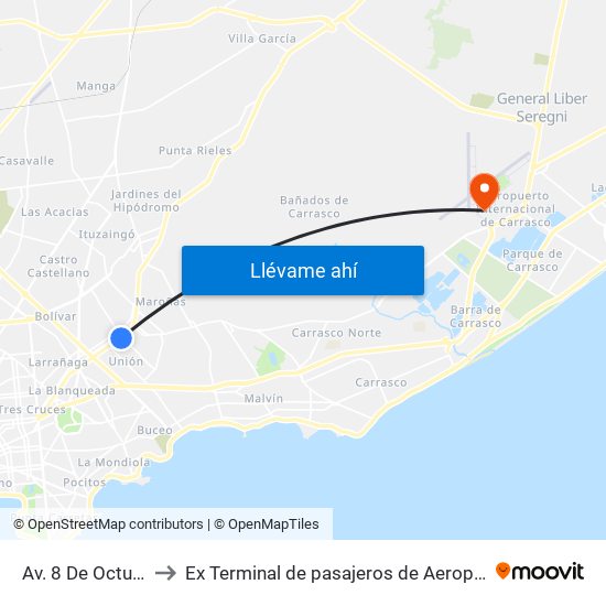 Av. 8 De Octubre & Larravide to Ex Terminal de pasajeros de Aeropuerto Internacional de Carrasco M map