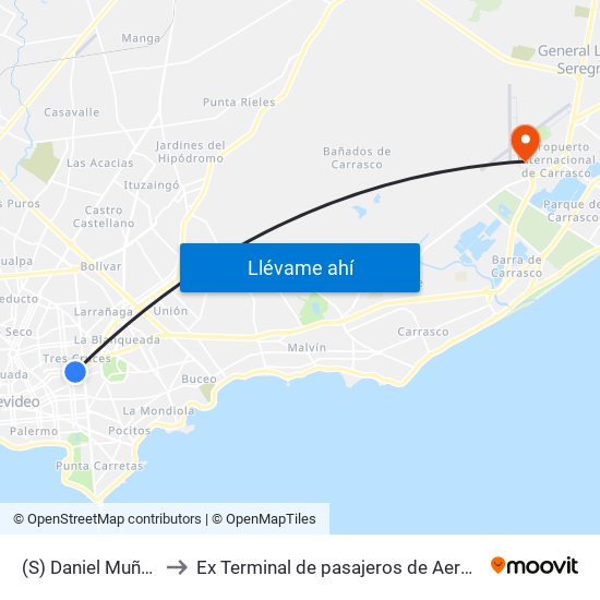 (S) Daniel Muñoz & Acevedo Díaz to Ex Terminal de pasajeros de Aeropuerto Internacional de Carrasco M map