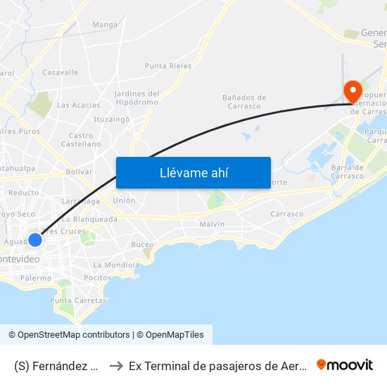 (S) Fernández Crespo & Miguelete to Ex Terminal de pasajeros de Aeropuerto Internacional de Carrasco M map