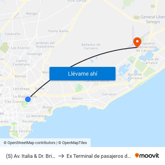 (S) Av. Italia & Dr. Brito Foresti (Hospital De Clinicas) to Ex Terminal de pasajeros de Aeropuerto Internacional de Carrasco M map