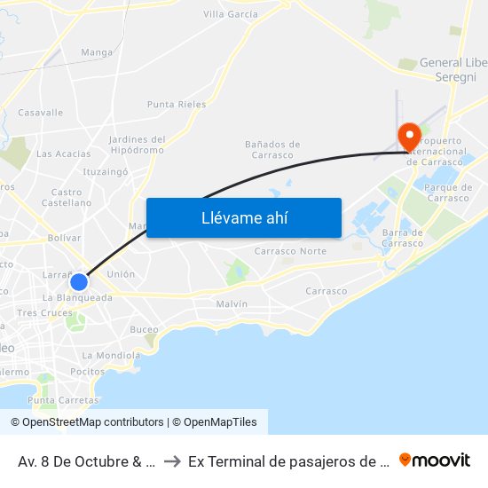 Av. 8 De Octubre & Mariano Moreno (H. Militar) to Ex Terminal de pasajeros de Aeropuerto Internacional de Carrasco M map