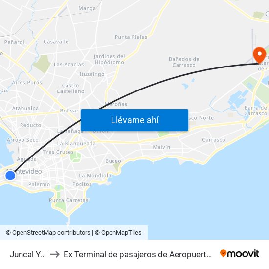 Juncal Y Sarandi to Ex Terminal de pasajeros de Aeropuerto Internacional de Carrasco M map