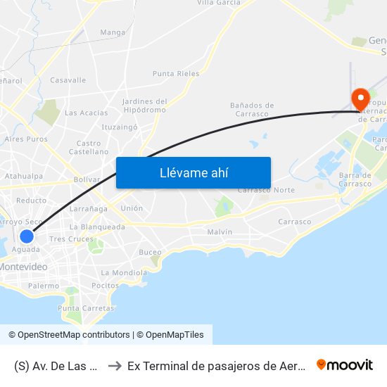 (S) Av. De Las Leyes & Guatemala to Ex Terminal de pasajeros de Aeropuerto Internacional de Carrasco M map