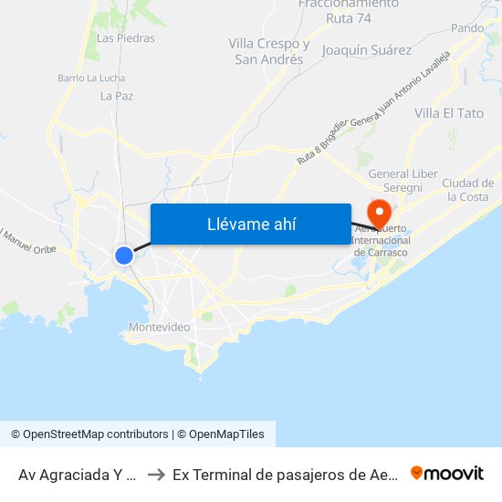 Av Agraciada Y Juan Antonio Artigas to Ex Terminal de pasajeros de Aeropuerto Internacional de Carrasco M map