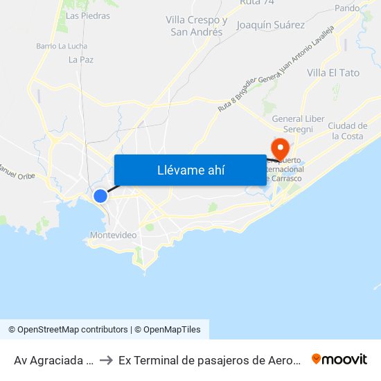 Av Agraciada Y Hermanos Gil to Ex Terminal de pasajeros de Aeropuerto Internacional de Carrasco M map