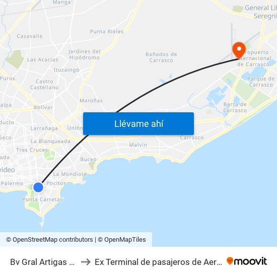 Bv Gral Artigas Y Av Tomas Giribaldi to Ex Terminal de pasajeros de Aeropuerto Internacional de Carrasco M map