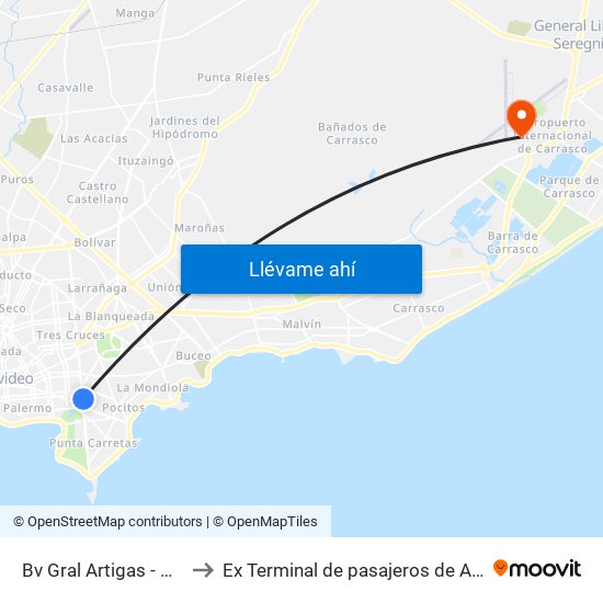 Bv Gral Artigas - Gral Arq Alfredo Baldomir to Ex Terminal de pasajeros de Aeropuerto Internacional de Carrasco M map