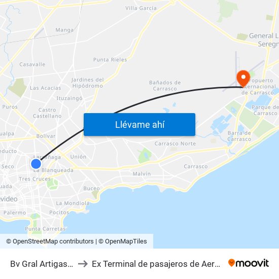 Bv Gral Artigas - Av Gral Garibaldi to Ex Terminal de pasajeros de Aeropuerto Internacional de Carrasco M map