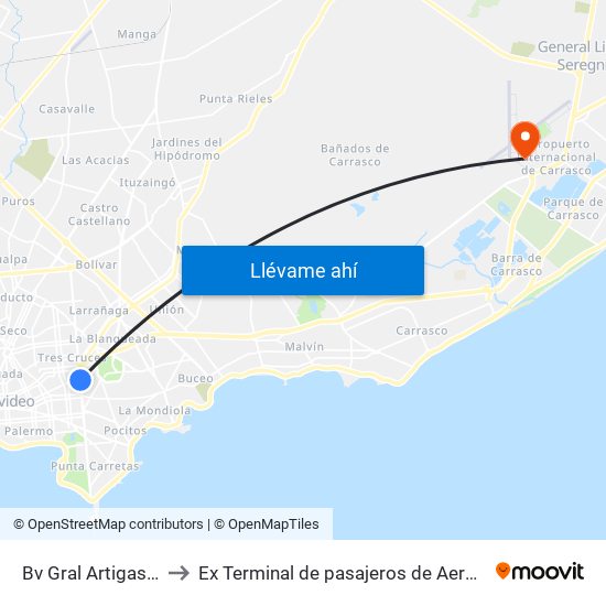 Bv Gral Artigas - Lord Ponsomby to Ex Terminal de pasajeros de Aeropuerto Internacional de Carrasco M map