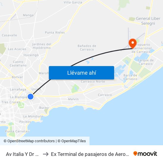 Av Italia Y Dr Francisco Simon to Ex Terminal de pasajeros de Aeropuerto Internacional de Carrasco M map