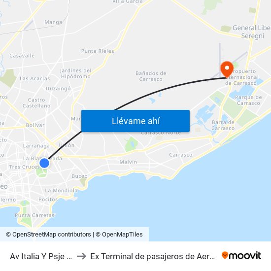 Av Italia Y Psje Peatonal-Vehicular to Ex Terminal de pasajeros de Aeropuerto Internacional de Carrasco M map