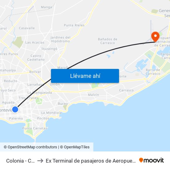 Colonia - Carlos Roxlo to Ex Terminal de pasajeros de Aeropuerto Internacional de Carrasco M map
