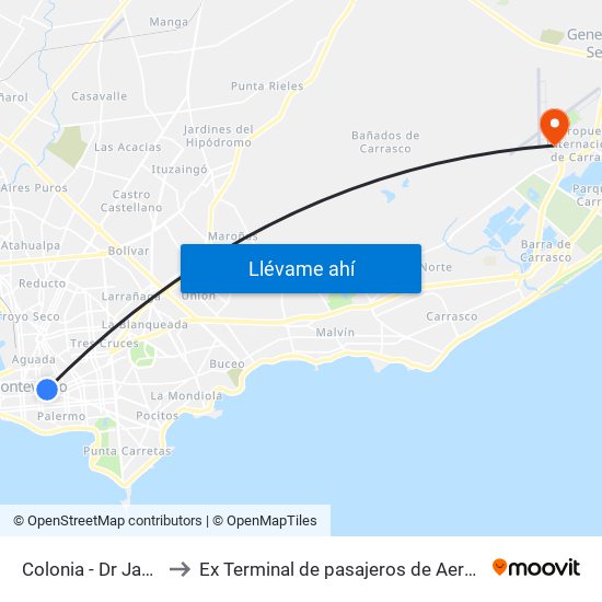 Colonia - Dr Javier Barrios Amorin to Ex Terminal de pasajeros de Aeropuerto Internacional de Carrasco M map