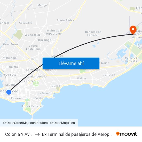 Colonia Y Av Gral Rondeau to Ex Terminal de pasajeros de Aeropuerto Internacional de Carrasco M map