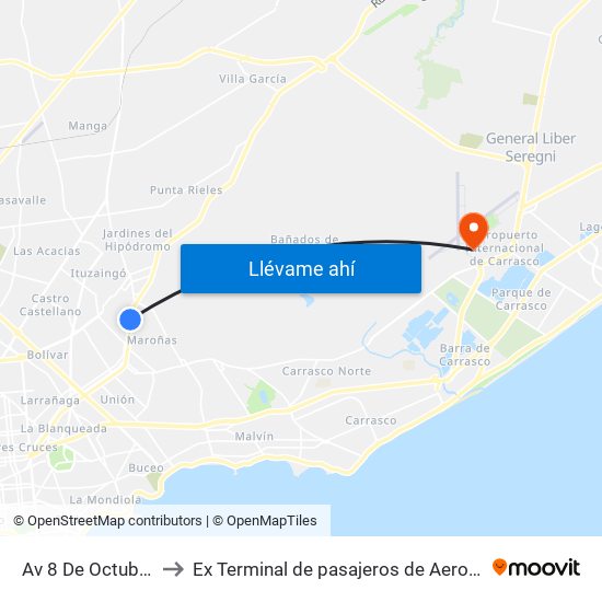 Av 8 De Octubre - Gdor Vigodet to Ex Terminal de pasajeros de Aeropuerto Internacional de Carrasco M map