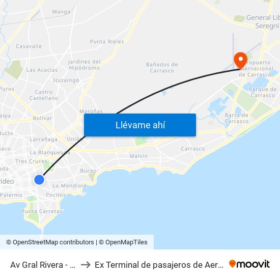 Av Gral Rivera - Av Ing Luis P Ponce to Ex Terminal de pasajeros de Aeropuerto Internacional de Carrasco M map