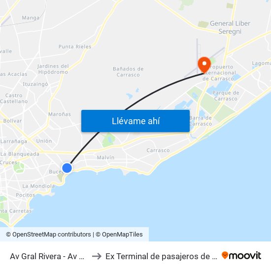 Av Gral Rivera - Av Mcal Francisco Solano Lopez to Ex Terminal de pasajeros de Aeropuerto Internacional de Carrasco M map