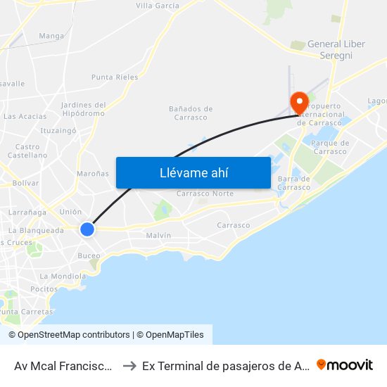 Av Mcal Francisco Solano Lopez - Av Italia to Ex Terminal de pasajeros de Aeropuerto Internacional de Carrasco M map