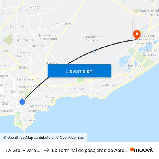 Av Gral Rivera Y Pedro Campbell to Ex Terminal de pasajeros de Aeropuerto Internacional de Carrasco M map