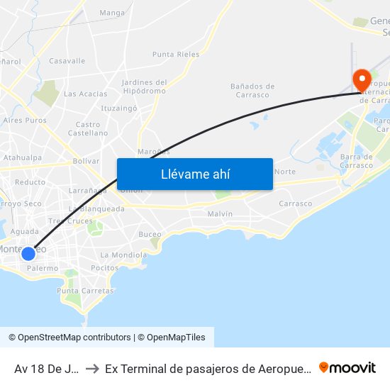 Av 18 De Julio Y Ejido to Ex Terminal de pasajeros de Aeropuerto Internacional de Carrasco M map