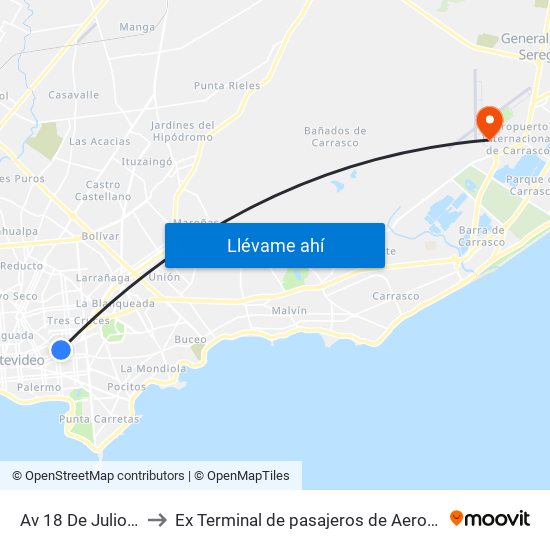 Av 18 De Julio Y Arenal Grande to Ex Terminal de pasajeros de Aeropuerto Internacional de Carrasco M map