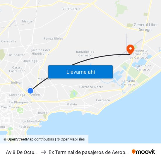 Av 8 De Octubre - Comercio to Ex Terminal de pasajeros de Aeropuerto Internacional de Carrasco M map