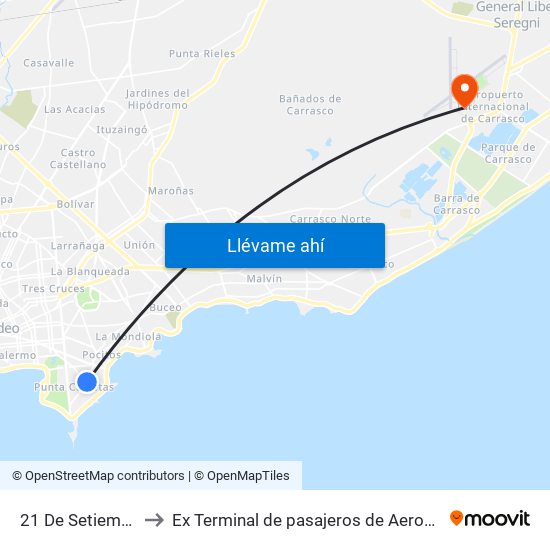 21 De Setiembre - Jose Ellauri to Ex Terminal de pasajeros de Aeropuerto Internacional de Carrasco M map