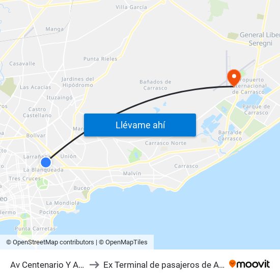 Av Centenario Y Av Luis Alberto De Herrera to Ex Terminal de pasajeros de Aeropuerto Internacional de Carrasco M map