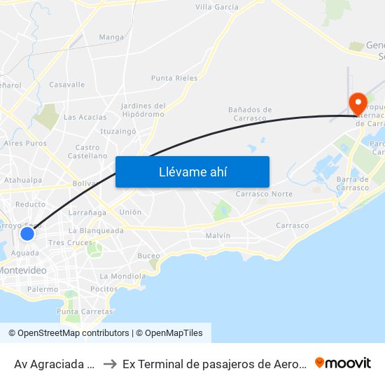 Av Agraciada Y Gral Cesar Diaz to Ex Terminal de pasajeros de Aeropuerto Internacional de Carrasco M map