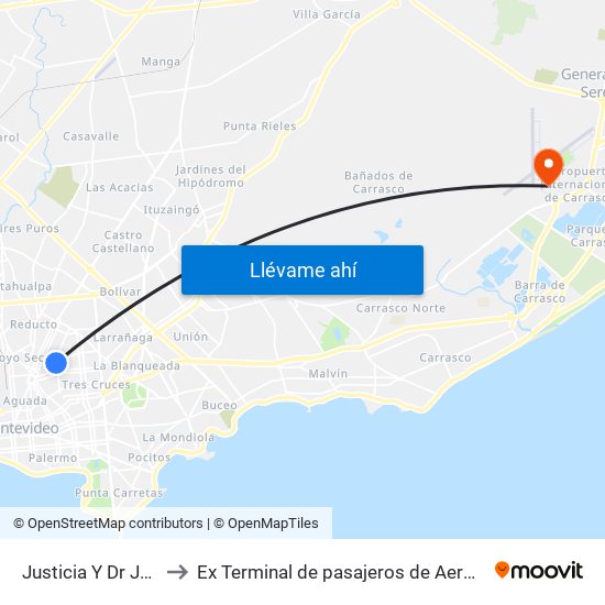 Justicia Y Dr Juan J De Amezaga to Ex Terminal de pasajeros de Aeropuerto Internacional de Carrasco M map