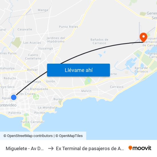 Miguelete - Av Daniel Fernandez Crespo to Ex Terminal de pasajeros de Aeropuerto Internacional de Carrasco M map