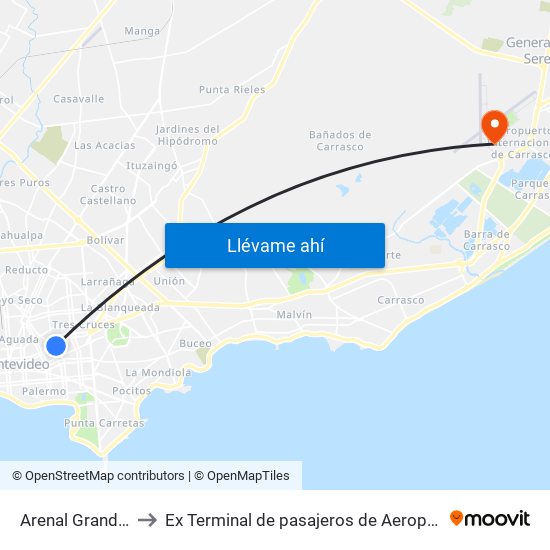 Arenal Grande - Av Uruguay to Ex Terminal de pasajeros de Aeropuerto Internacional de Carrasco M map