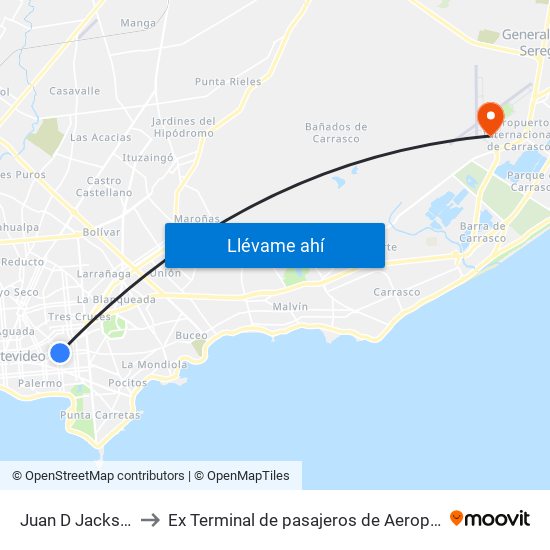 Juan D Jackson Y Guayabos to Ex Terminal de pasajeros de Aeropuerto Internacional de Carrasco M map