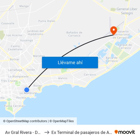 Av Gral Rivera - Dolores Pereira De Rossell to Ex Terminal de pasajeros de Aeropuerto Internacional de Carrasco M map