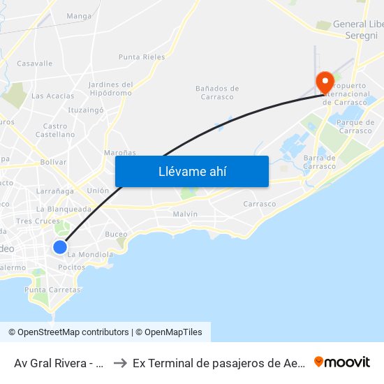 Av Gral Rivera - Av Dr Francisco Soca to Ex Terminal de pasajeros de Aeropuerto Internacional de Carrasco M map