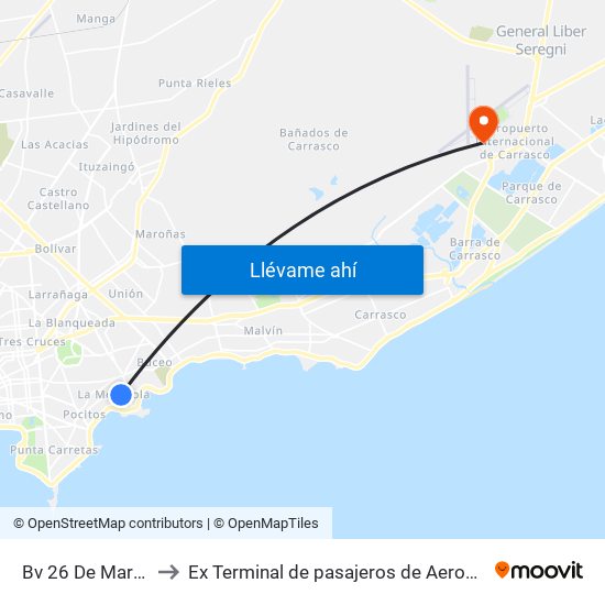 Bv 26 De Marzo Y Julio Cesar to Ex Terminal de pasajeros de Aeropuerto Internacional de Carrasco M map